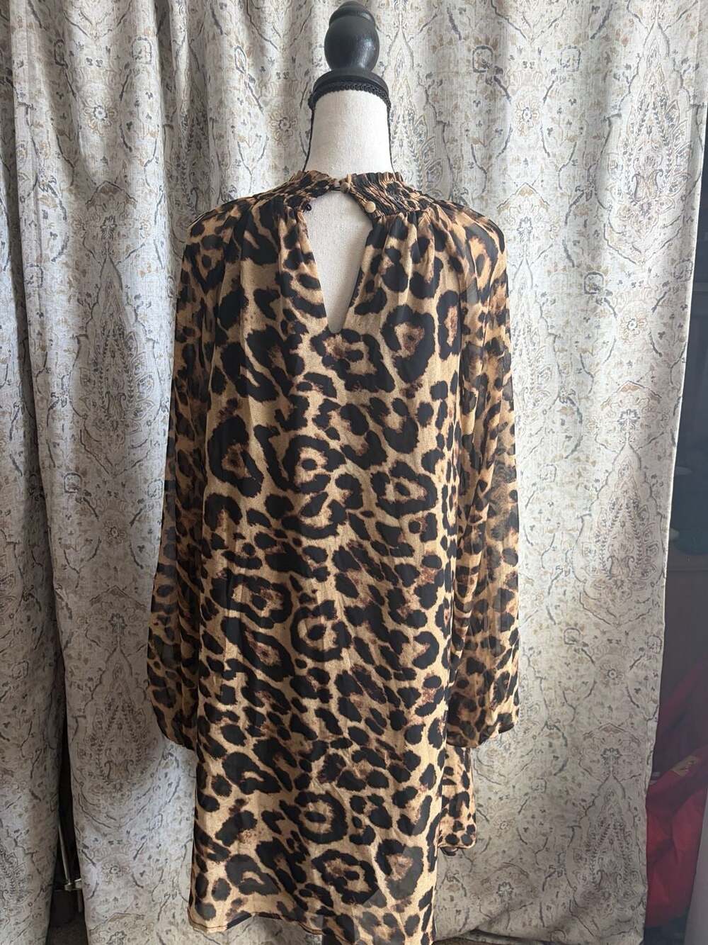 Lily's Kloset Leopard Print Chiffon Smocked Mock Neck Long Sleeve Dress
